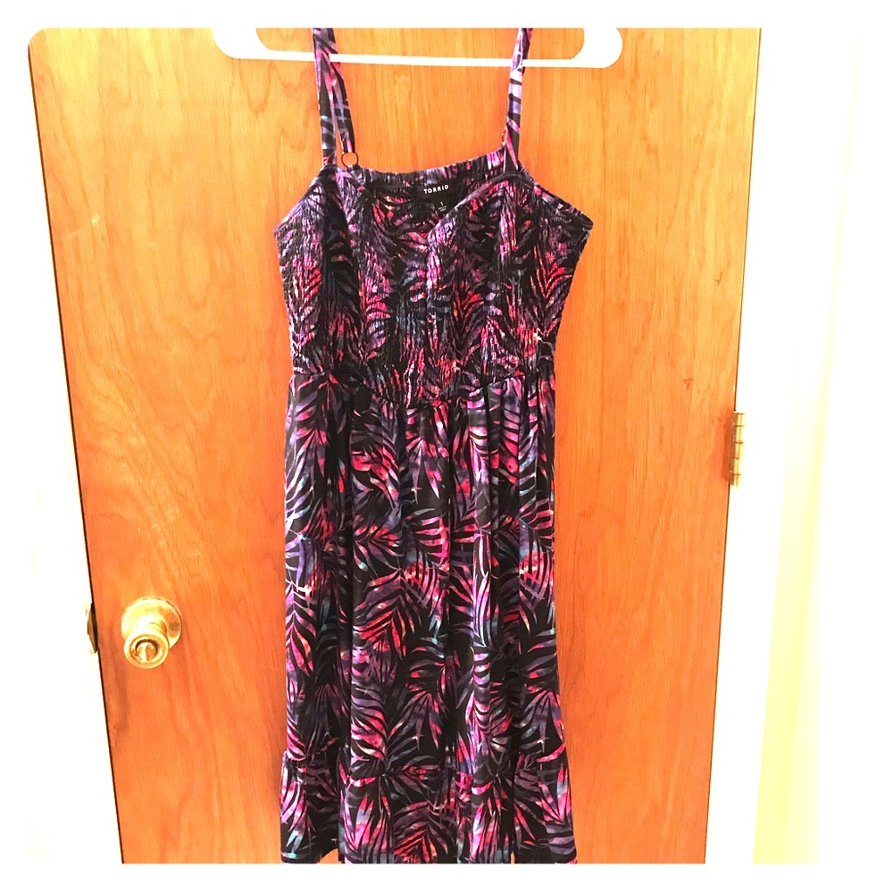 Tropical, multi-colored palm leaves dress.